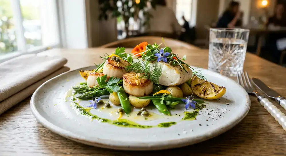 A beautifully plated seafood dish with fresh herbs