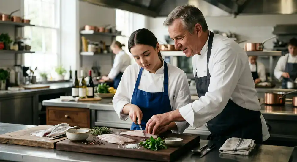 Chef guiding a student on preparing fish