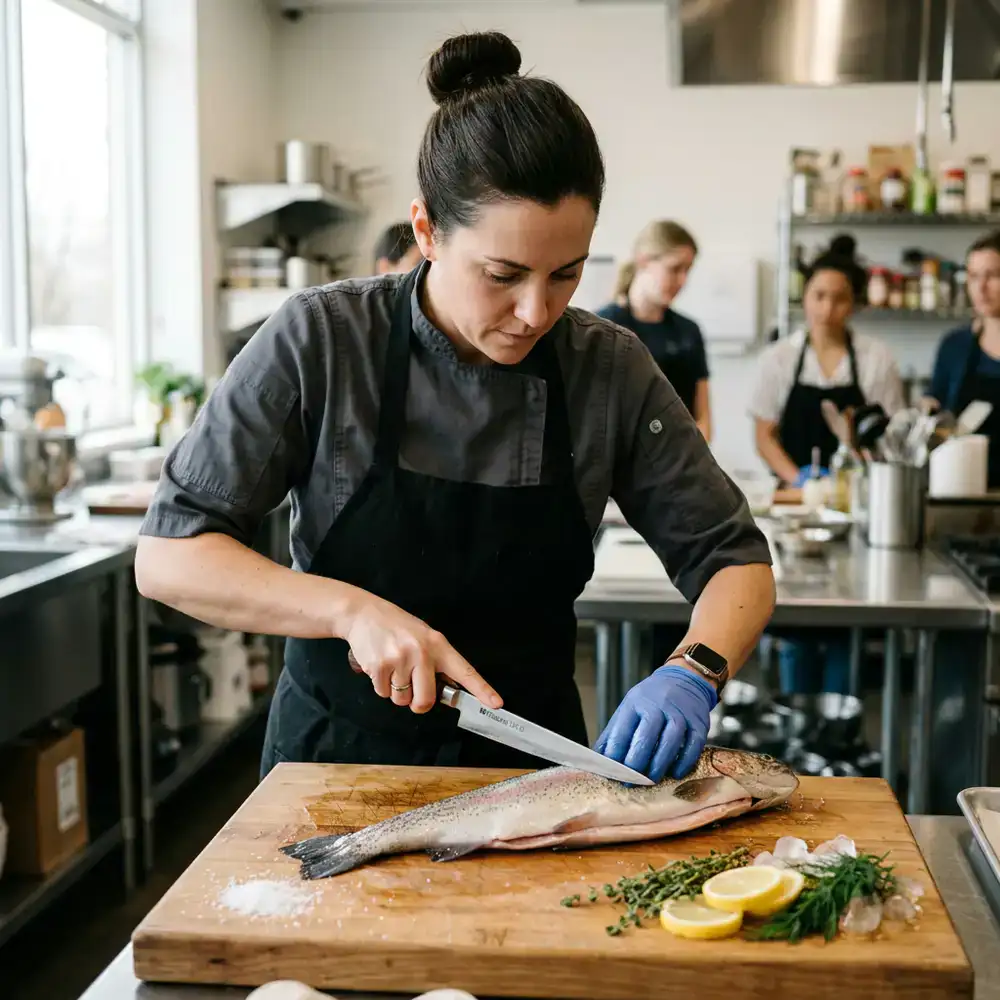 Instructor demonstrating knife skills on a whole fish