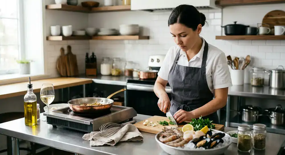 Chef preparing fresh seafood in our studio kitchen