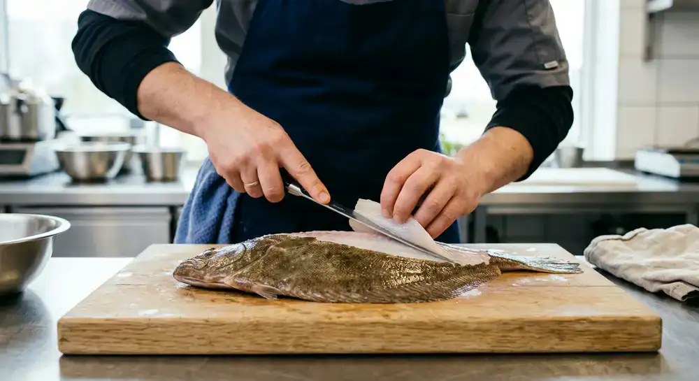 Slicing a flatfish on a cutting board