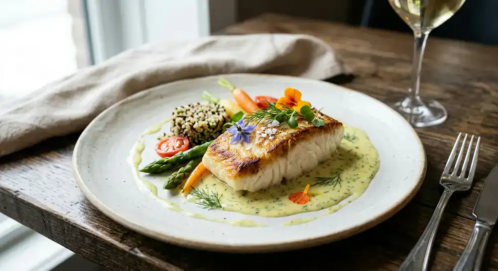 Plated seafood with elegant sauce