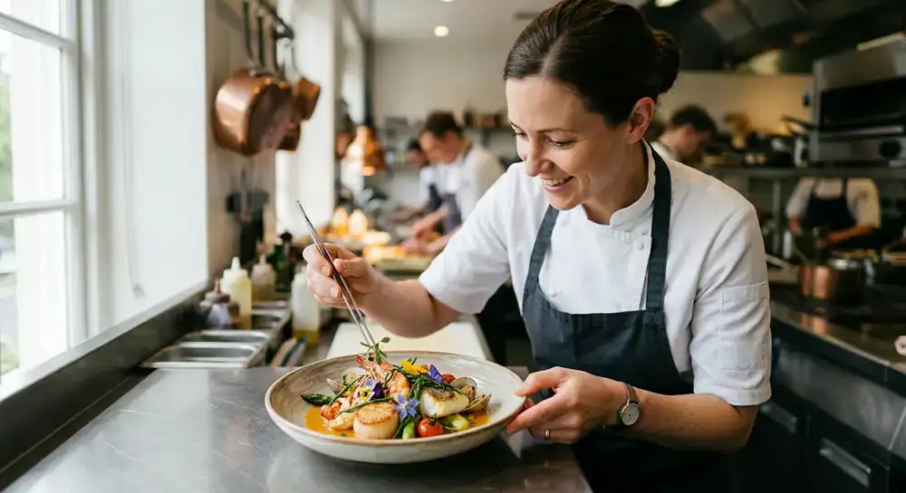 Chef elegantly plating a fresh seafood dish