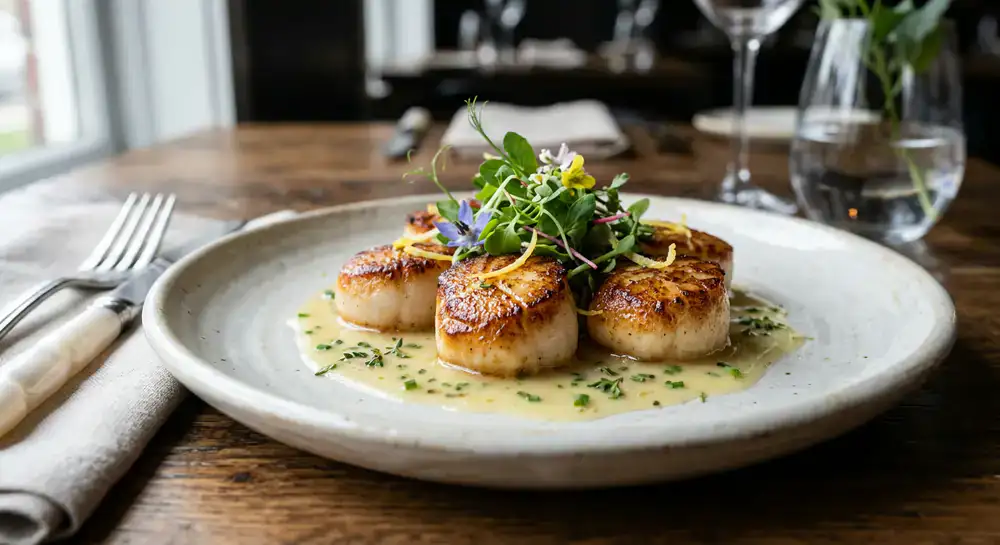 Freshly seared sea scallops garnished with microgreens and a light butter sauce