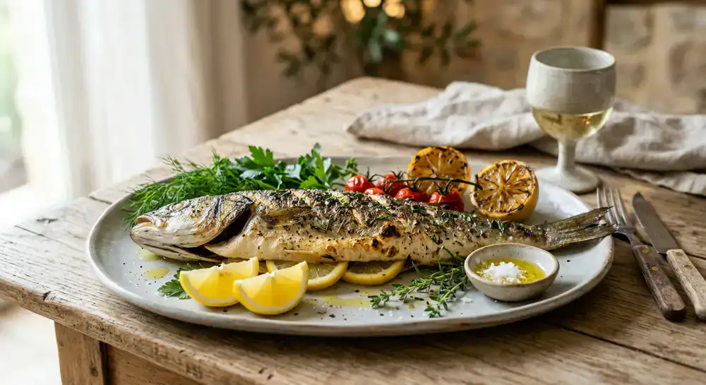 Whole grilled branzino with lemon