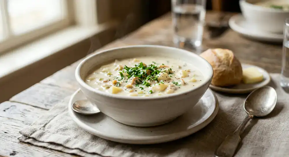 Creamy classic clam chowder garnished with chopped parsley
