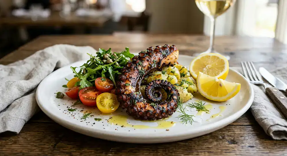 Grilled octopus tentacles drizzled with olive oil and lemon