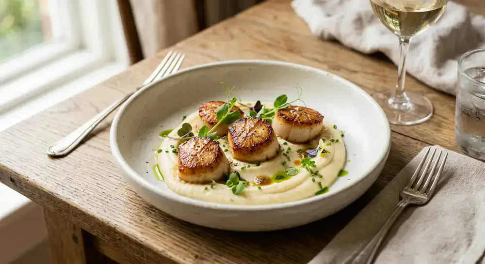 Pan-seared scallops on a bed of puree