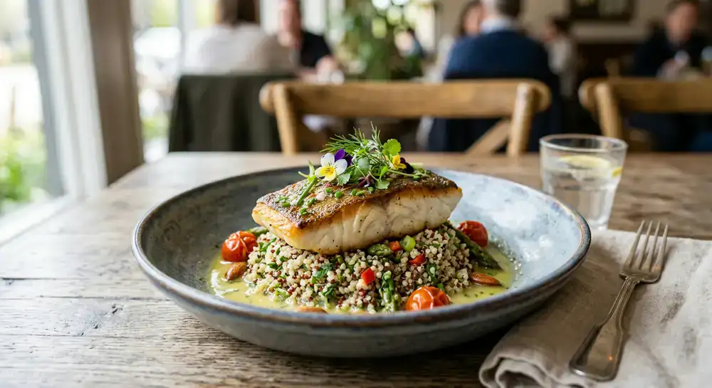 Pan-seared sea bass over a bed of quinoa