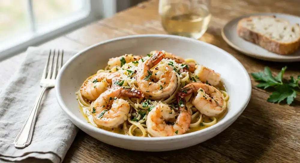 Garlic butter shrimp scampi served in a shallow white bowl
