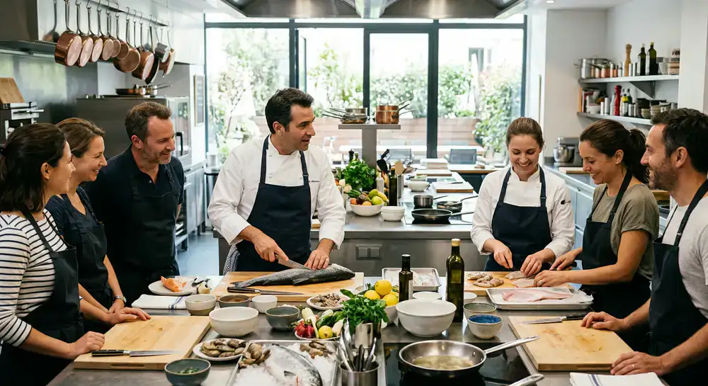 Chefs teaching a seafood cooking class